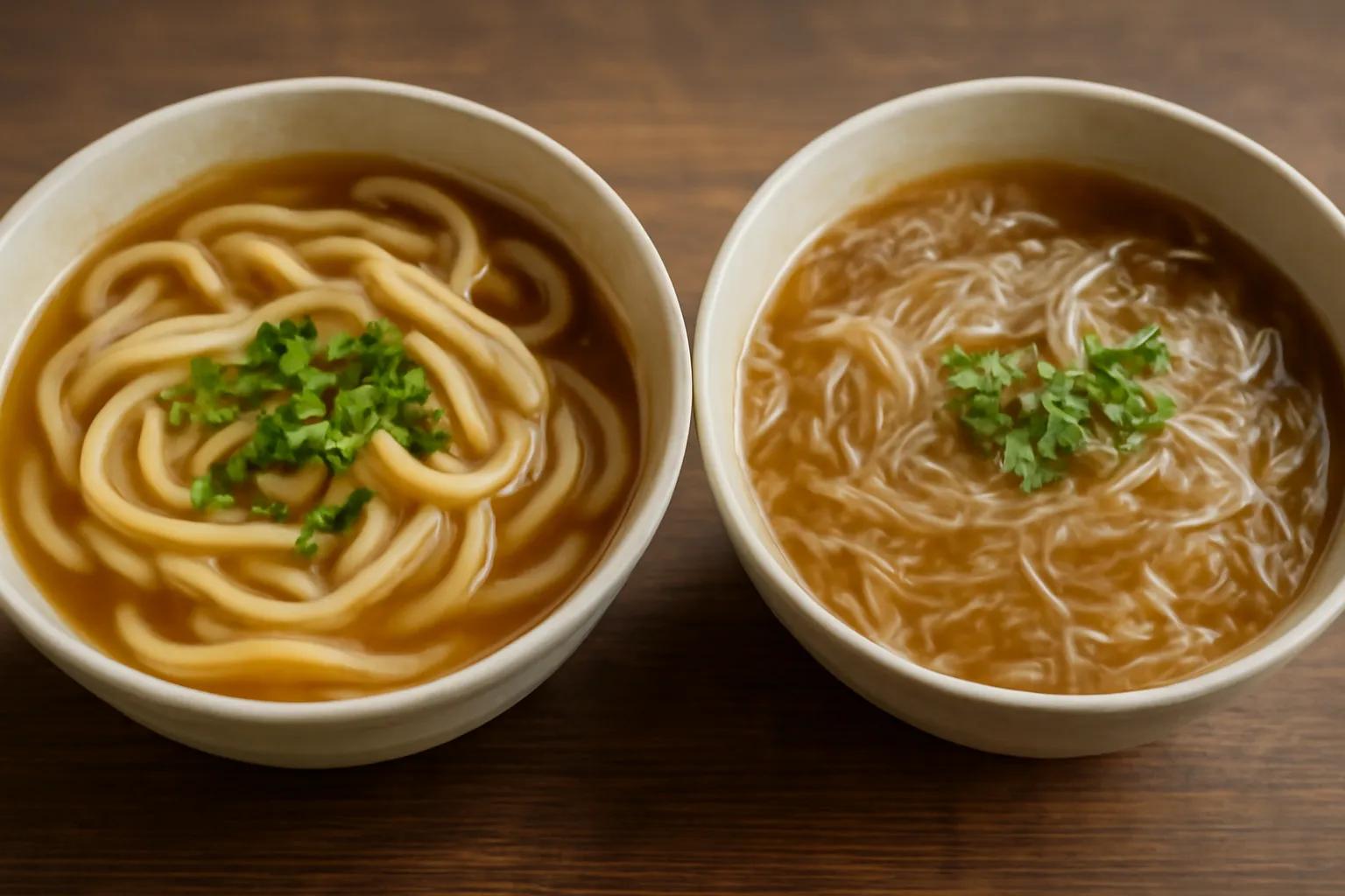 Hai tô bánh canh với sợi trắng đục và sợi trong