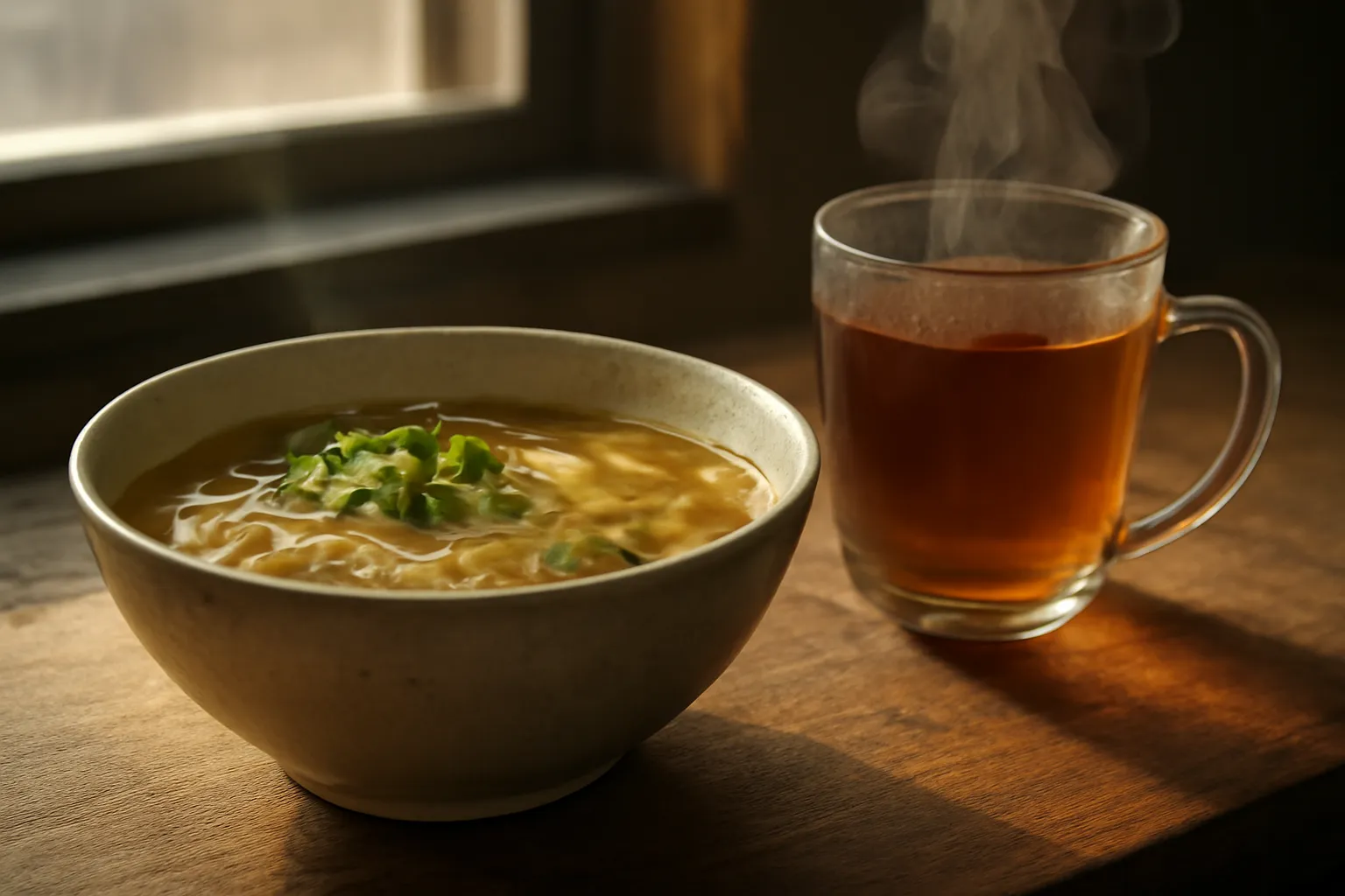 Tô bánh canh trên bàn cạnh ly trà nóng buổi sớm