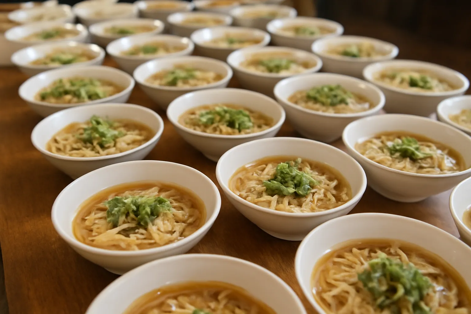 Bàn dài với nhiều tô bánh canh chuẩn bị phục vụ