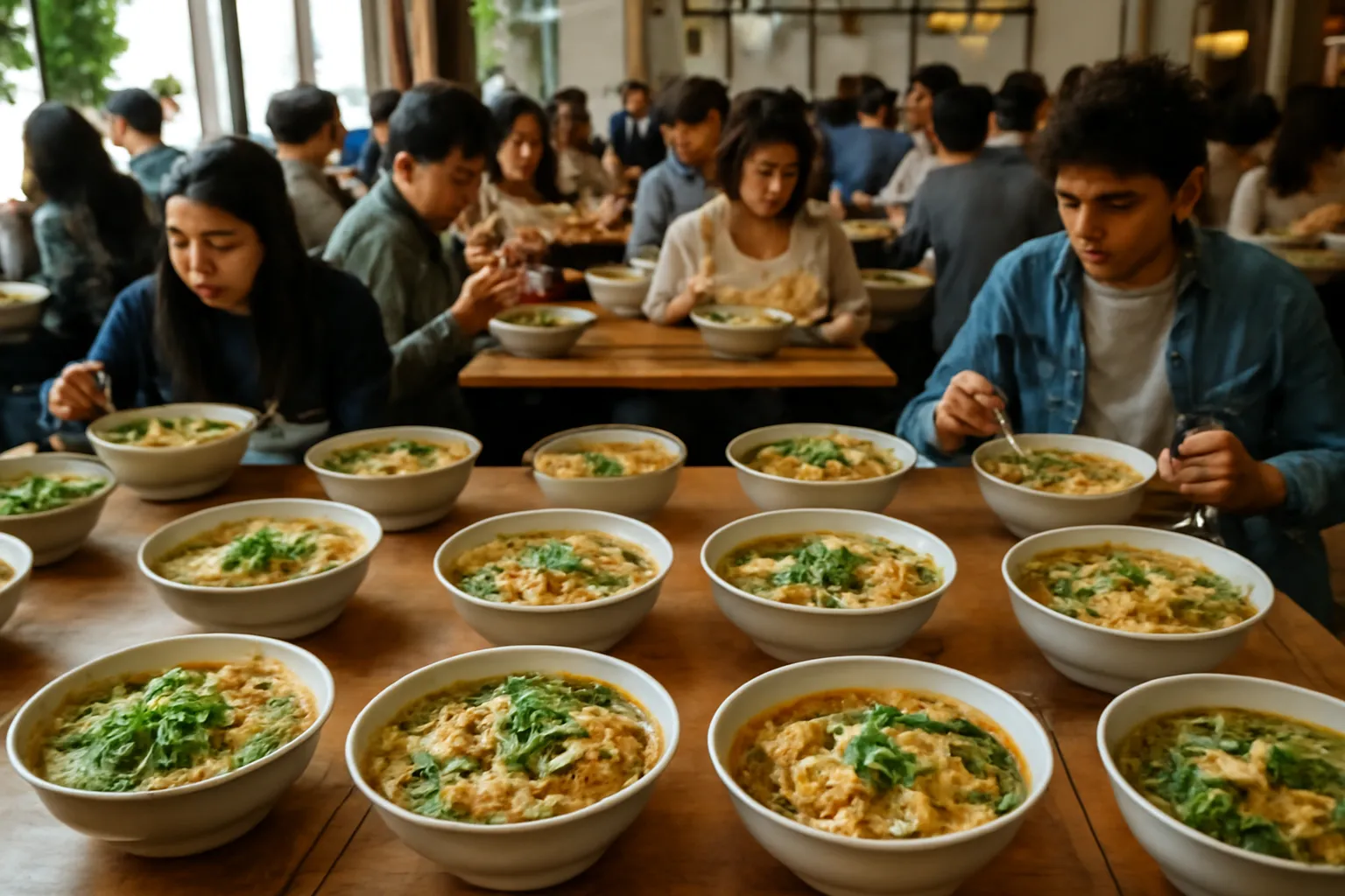 Quán chay đông khách với nhiều tô bánh canh trên bàn