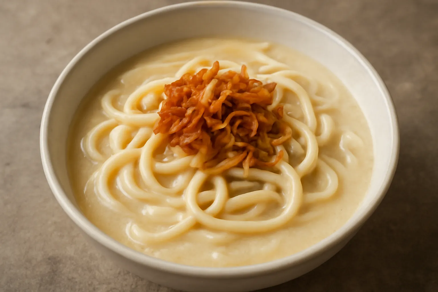 Tô bánh canh nước trắng đục với hành phi rắc trên