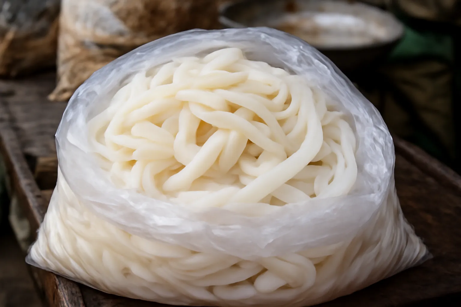 Sợi bánh canh tươi trong túi nilon trên sạp chợ