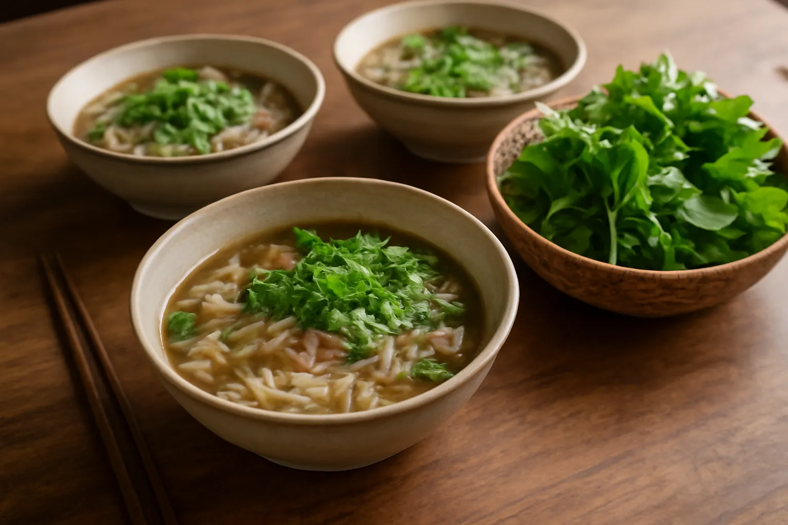 Bàn ăn với tô bánh canh và rổ rau sống