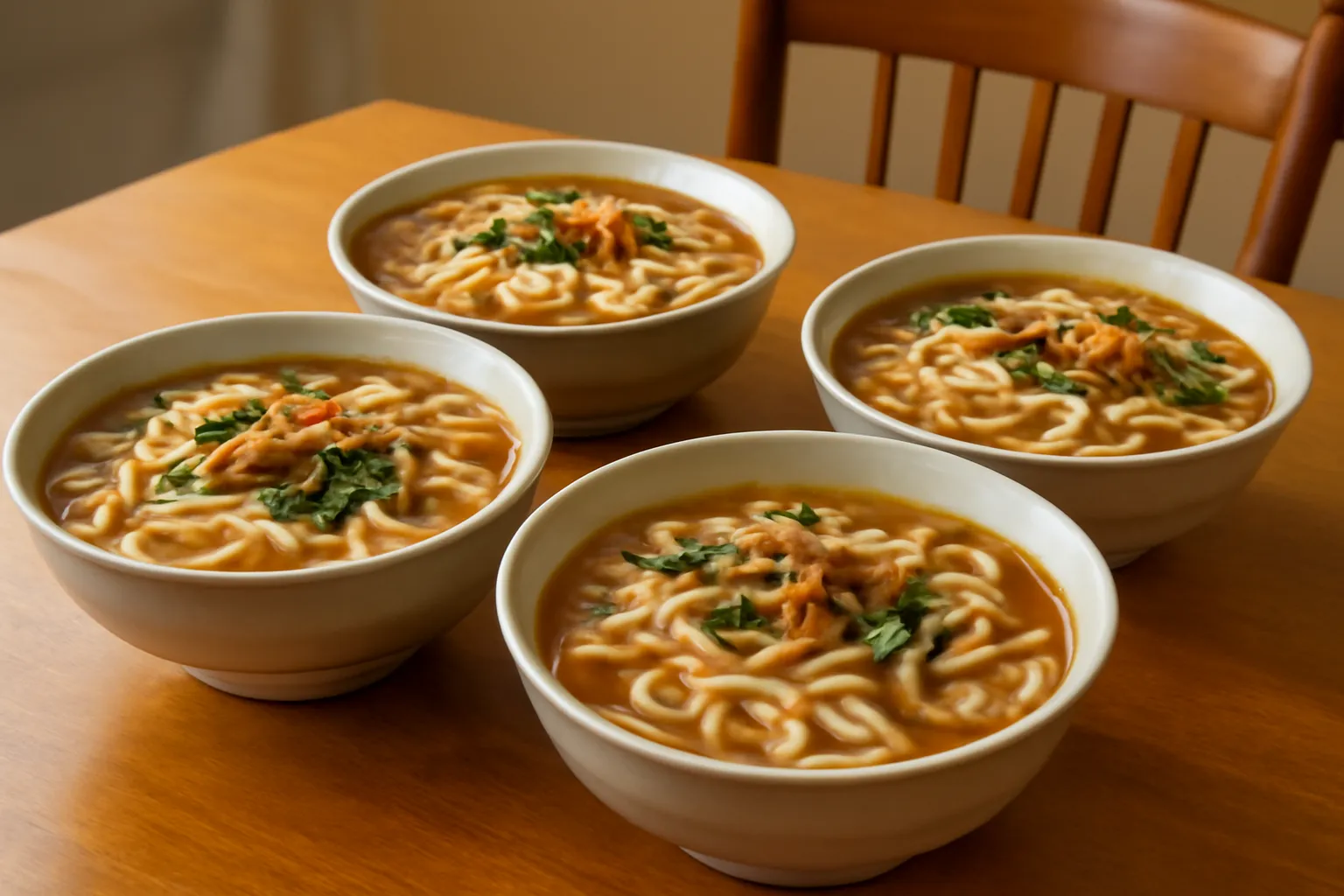 Bốn tô bánh canh bày trên bàn ăn gia đình